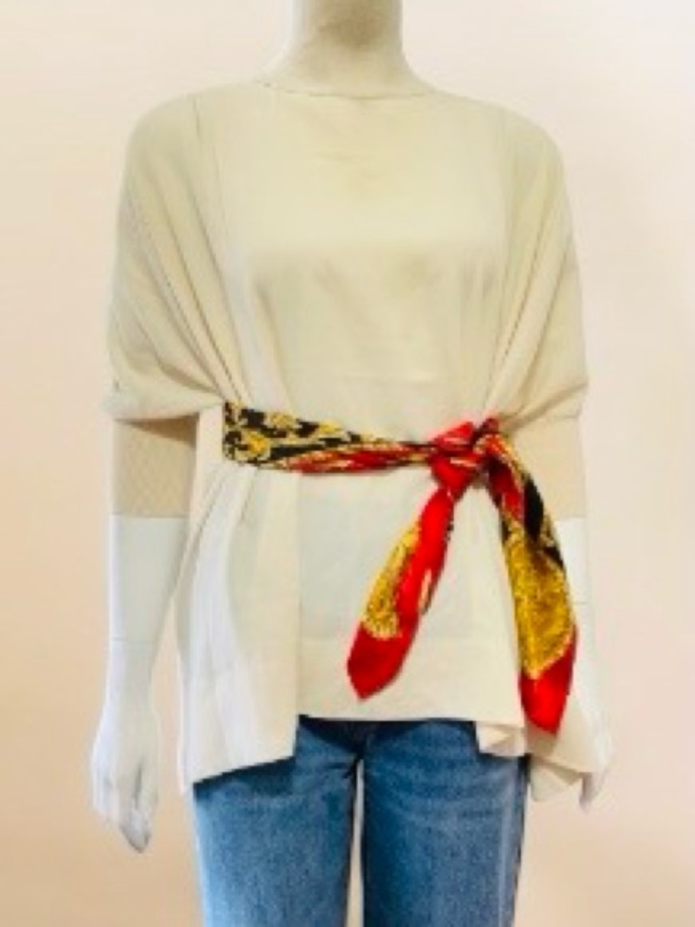 NWOT Babaton  Oversized Flowy MockNeck Wide Knit Cuffs Cream Blouse Size S